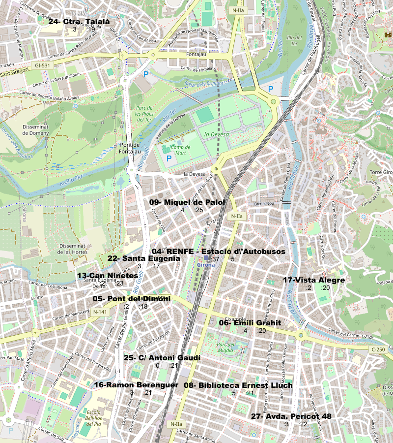 Mapa de estacions de girocleta sobre el mapa de girona